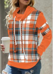 Orange Patchwork Plaid Long Sleeve Cowl Neck Sweatshirt