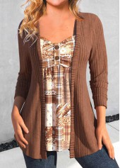 Dark Coffee Button Geometric Print T Shirt