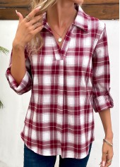 Wine Red Split Plaid Long Sleeve Blouse | thumb picture 