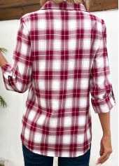 Wine Red Split Plaid Long Sleeve Blouse | thumb picture 