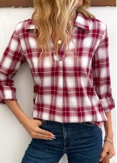 Wine Red Split Plaid Long Sleeve Blouse | thumb picture 
