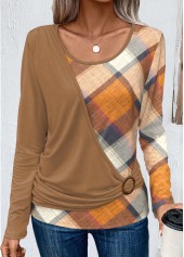 Dark Coffee Layered Plaid Long Sleeve T Shirt