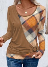 Dark Coffee Layered Plaid Long Sleeve T Shirt | thumb picture 