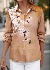 Light Coffee Button Floral Print Long Sleeve Blouse