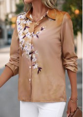 Light Coffee Button Floral Print Long Sleeve Blouse | thumb picture 
