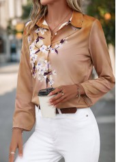 Light Coffee Button Floral Print Long Sleeve Blouse | thumb picture 