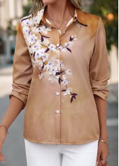 Light Coffee Button Floral Print Long Sleeve Blouse | thumb picture 