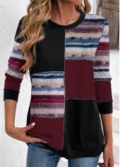 Black Patchwork Geometric Print Long Sleeve Sweatshirt