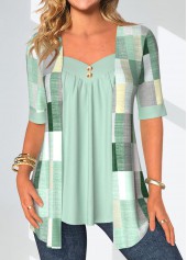 Mint Green Patchwork Geometric Print Fake Two Piece Twinset