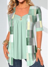 Mint Green Patchwork Geometric Print Fake Two Piece Twinset | thumb picture 