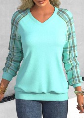 Cyan Patchwork Plaid Long Sleeve V Neck Sweatshirt