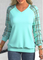 Cyan Patchwork Plaid Long Sleeve V Neck Sweatshirt | thumb picture 