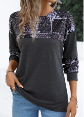 Dark Grey Patchwork Tribal Print Long Sleeve T Shirt