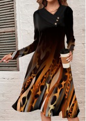 Black Button Leopard A Line Long Sleeve Dress