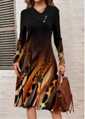 Black Button Leopard A Line Long Sleeve Dress | thumb picture 