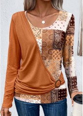 Orange Asymmetry Patchwork Long Sleeve T Shirt