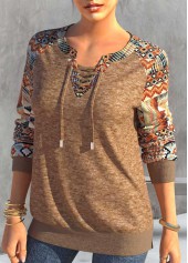 Dark Camel Lace Up Tribal Print T Shirt | thumb picture 