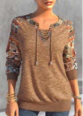Dark Camel Lace Up Tribal Print T Shirt