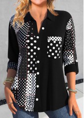 Black Asymmetry Polka Dot Shirt Collar Blouse