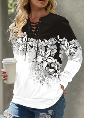Black Eyelet Floral Print Long Sleeve Cowl Neck Sweatshirt