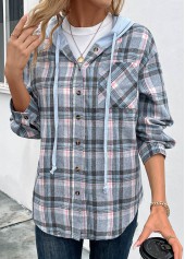 Blue Drawstring Plaid Long Sleeve Hooded Coat | thumb picture 