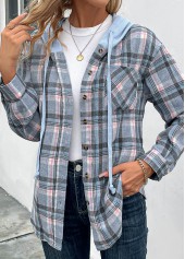 Blue Drawstring Plaid Long Sleeve Hooded Coat | thumb picture 