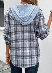 Blue Drawstring Plaid Long Sleeve Hooded Coat | thumb picture 