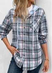 Blue Drawstring Plaid Long Sleeve Hooded Coat