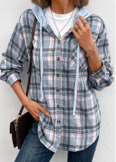 Blue Drawstring Plaid Long Sleeve Hooded Coat | thumb picture 