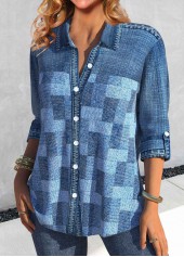 Denim Blue Patchwork Denim-effect Print Long Sleeve Blouse | thumb picture 