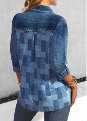 Denim Blue Patchwork Denim-effect Print Long Sleeve Blouse | thumb picture 