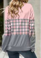 Light Pink Patchwork Plaid Long Sleeve Cowl Neck Sweatshirt