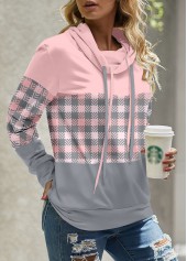 Light Pink Patchwork Plaid Long Sleeve Cowl Neck Sweatshirt