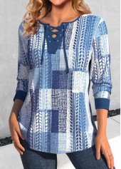 Denim Blue Lace Up Geometric Print T Shirt | thumb picture 