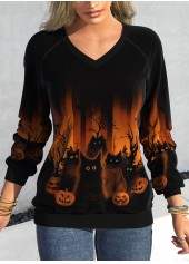 Black Patchwork Halloween Print Long Sleeve V Neck Sweatshirt
