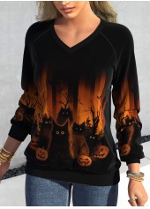 Black Patchwork Halloween Print Long Sleeve V Neck Sweatshirt | thumb picture 