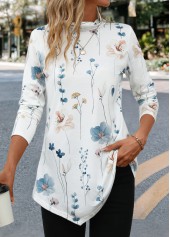 White Asymmetry Floral Print Long Sleeve T Shirt | thumb picture 