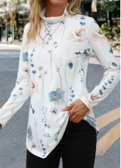 White Asymmetry Floral Print Long Sleeve T Shirt | thumb picture 