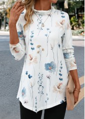 White Asymmetry Floral Print Long Sleeve T Shirt | thumb picture 