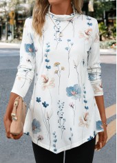 White Asymmetry Floral Print Long Sleeve T Shirt | thumb picture 