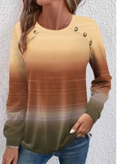 Yellow Button Ombre Long Sleeve Round Neck T Shirt