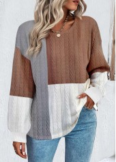 Dark Coffee Patchwork Long Sleeve Round Neck Sweatshirt
