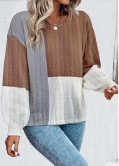 Dark Coffee Patchwork Long Sleeve Round Neck Sweatshirt | thumb picture 