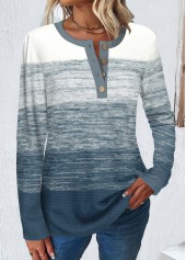Dusty Blue Button Long Sleeve Round Neck T Shirt | thumb picture 
