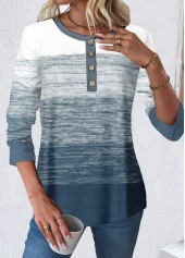 Dusty Blue Button Long Sleeve Round Neck T Shirt