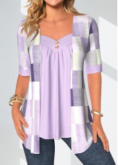 Light Purple Patchwork Geometric Print Fake Two Piece Twinset