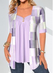 Light Purple Patchwork Geometric Print Fake Two Piece Twinset | thumb picture 