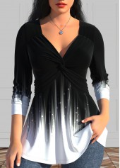 Black Twist Ombre Long Sleeve V Neck T Shirt