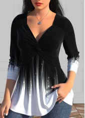 Black Twist Ombre Long Sleeve V Neck T Shirt | thumb picture 