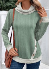 Sage Green Patchwork Long Sleeve Cowl Neck Sweatshirt